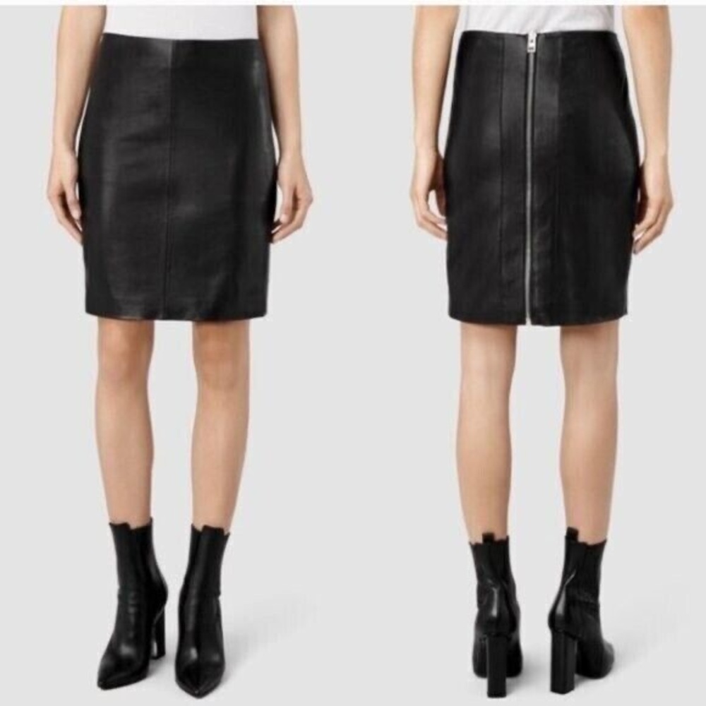 All Saints Black Genuine Lamb Leather Pencil Skirt with Zipper